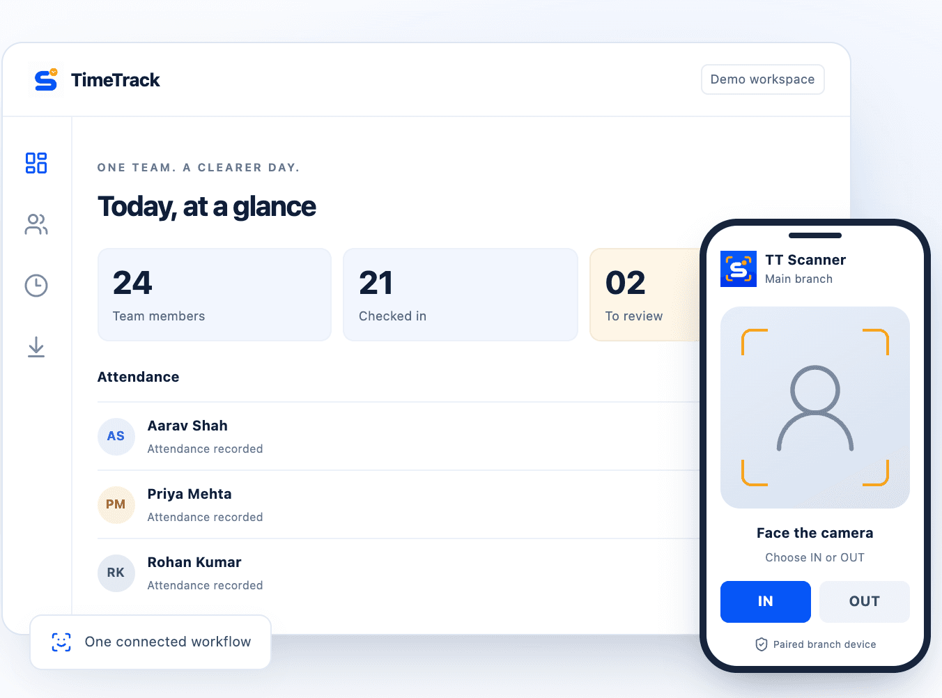 TimeTrack workspace and paired Scanner interface illustration with fictional attendance records.