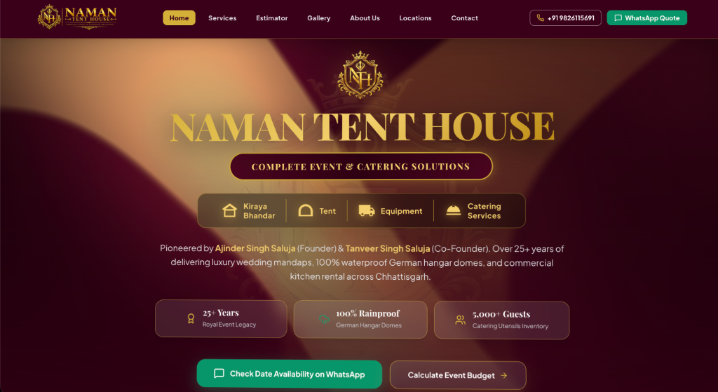 Naman Tent House website homepage