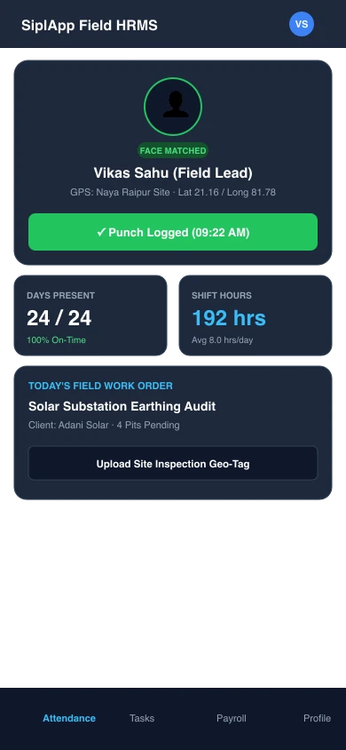 SiplApp mobile field attendance with GPS verification.
