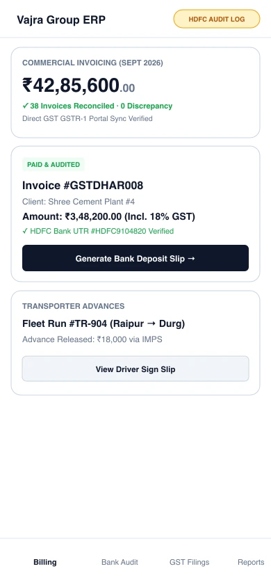 Vajra Group invoice management system with HDFC bank audit log.